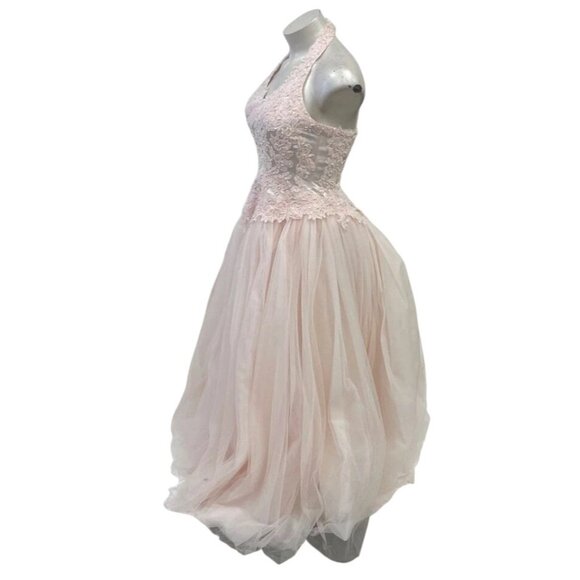 14W Davids Bridal Pink Halter Formal Gown Bead Floral Lace Tulle Dress 96280 - Picture 3 of 12